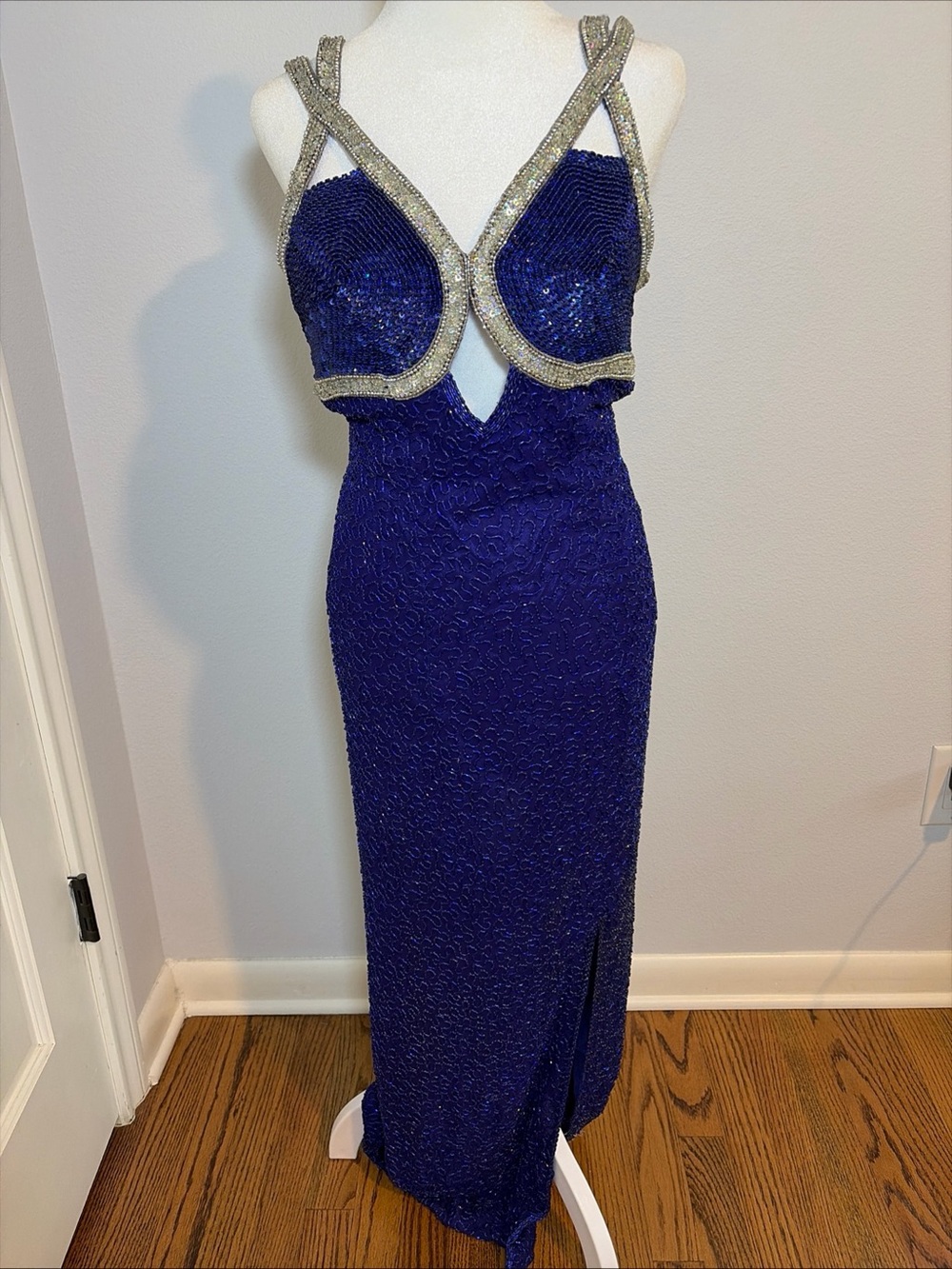 Vtg 90s Dress S Prom Beaded Silk Gown Y2K Formal Sequin Glitz Evening Slit Maxi